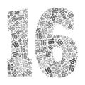 Grayscale word cloud forming the number 16, with repeated text in various sizes