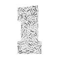 Grayscale word cloud forming the number 1, with repeated text in various sizes