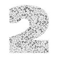 Grayscale word cloud forming the number 2, with repeated text in various sizes