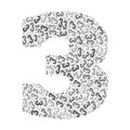 Grayscale word cloud forming the number 3, with repeated text in various sizes