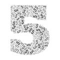 Grayscale word cloud forming the number 5, with repeated text in various sizes