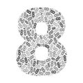 Grayscale word cloud forming the number 8, with repeated text in various sizes