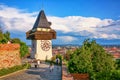 GRAZ, AUSTRIA - July 12th, 2019: Aerial view to the city of Graz with Clock tower, the symbol of the city