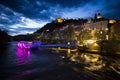 Graz in Austria by night with island in the Mur