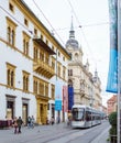 Modern electric tram on Herrengasse, Graz, Austria