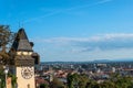 Graz, Austria. The Schlossberg - Castle Hill with the clock tower Uhrturm Royalty Free Stock Photo