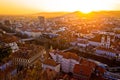 Graz city center aerial view at burning sunset Royalty Free Stock Photo