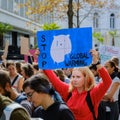 GRAZ, STYRIA/AUSTRIA Ã¢â¬â SEPTEMBER 27, 2019: A young student girl holding a Stop Global Warming sign at the Earth Strike 2019 in