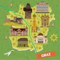 Graz town map with sightseeing landmarks