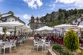 Grazalema, Cadiz, Spain - May 1, 2022: People eating an drinking in the bar terraces of Grazalema village, Grazalema mountains,