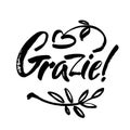 Grazie - thank you in Italian. Calligraphy inscription, black word on white background. Handwritten note