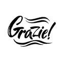 Grazie - thank you in Italian. Calligraphy inscription, black word on white background. Handwritten note