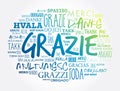 Grazie Thank You in Italian word cloud background in different languages