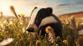 Grazing Badger In Field With Flowers - Vray Tracing Style