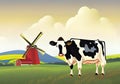 Colorful Illustration of Grazing Cow, Windmill and Blue Sky on Lush Farmland