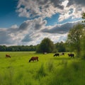 Grazing Cows in Lush Green Meadow with Blue Sky Royalty Free Stock Photo