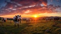 grazing cows sunset Royalty Free Stock Photo