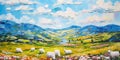 Grazing sheep on an Irish hill. Ireland landscape panorama. Travel wall art, stylized oil painting, impasto