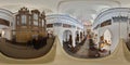 GRDONO, BELARUS - MARCH 12, 2012: Panorama interior of basilica near the organ with view of the altar. Full spherical 360 by 180