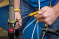 Greasing a lower bearing of a headset on a bicycle Royalty Free Stock Photo