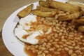 Greasy cafe meal of egg beans and chips. Poorly presented food.