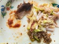 Greasy plate with small piece of baked lamb, buckwheats and cabbage leftovers