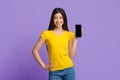 Great App. Happy Young Korean Woman Holding Smartphone With Blank Black Screen Royalty Free Stock Photo
