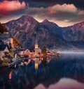 Great autumn sunset on Hallstatt lake.