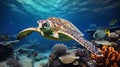 Great barrier reef, turtle swimming, coral reef Royalty Free Stock Photo