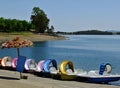 Colorful pedal boats on the Orellana beach, Badajoz - Spain