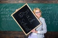 Great beginning of school year. Top ways to welcome students back to school. Teacher woman hold blackboard inscription