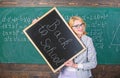 Great beginning of school year. Top ways to welcome students back to school. Teacher woman hold blackboard inscription