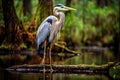 Great Blue Heron Ardea herodias standing on a log, Great Blue Heron in Everglades National Park, Florida, USA, AI Generated Royalty Free Stock Photo