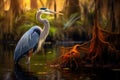 Great Blue Heron Ardea herodias in the swamp, A Great Blue Heron is captured in Everglades National Park, Florida, USA, AI