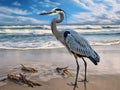 Ai Generated illustration Wildlife Concept of Great Blue Heron on beach