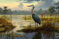 Great blue heron in coastal wetlands in the wild. World Wetlands Day