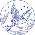 Great Blue Heron Flying Circle Mono Line Royalty Free Stock Photo