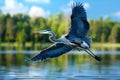 Great Blue Heron flying over water Ai photo Royalty Free Stock Photo