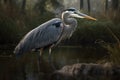 Great Blue Heron on the River nature Background.