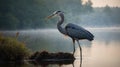 Great Blue Heron in Early Morning Mist Standing in Wetland Habitat. Royalty Free Stock Photo
