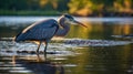 Great Blue Heron Standing in Calm Water at Sunset Looking For Food Royalty Free Stock Photo