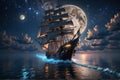 A great boat sailing in the high seas in a beautiful night. Starry night sky Landscape Royalty Free Stock Photo