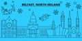 Great Britain, Belfast winter holidays skyline. Merry Christmas, Happy New Year decorated banner with Santa Claus.Great