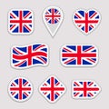 Great Britain flag collection. Vector The United Kingdom national flags stickers set. Traditional colors. Web, sports pages, trave Royalty Free Stock Photo