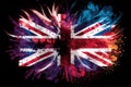 Great Britain holiday concept. UK Union Jack flag background with fireworks. Generative ai Royalty Free Stock Photo