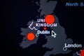 Great Britain, Ireland, United Kingdom. Coronavirus COVID-19 global cases Map. Red Dot showing the number of infected. Johns Royalty Free Stock Photo