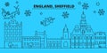 Great Britain, Sheffield winter holidays skyline. Merry Christmas, Happy New Year decorated banner with Santa Claus