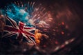 Great Britain Union Jack flag on night sky background with copy space and with fireworks. Generative ai Royalty Free Stock Photo