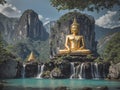 Great Buddha statue, sitting majestically on a massive boulder, commands a sense of reverence and tranquility amidst the serene