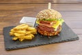 great burger with bacon and cheese, barbecue sauce, fresh lettuce, seeded bread and a side Royalty Free Stock Photo